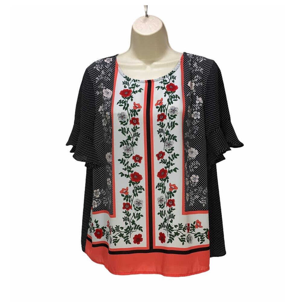 Liz Claiborne Womens Floral Top Petite Size XL Short Sleeve Blouse Lightweight